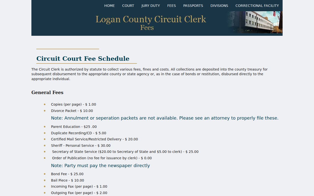 Official fee schedule for Logan County court case records